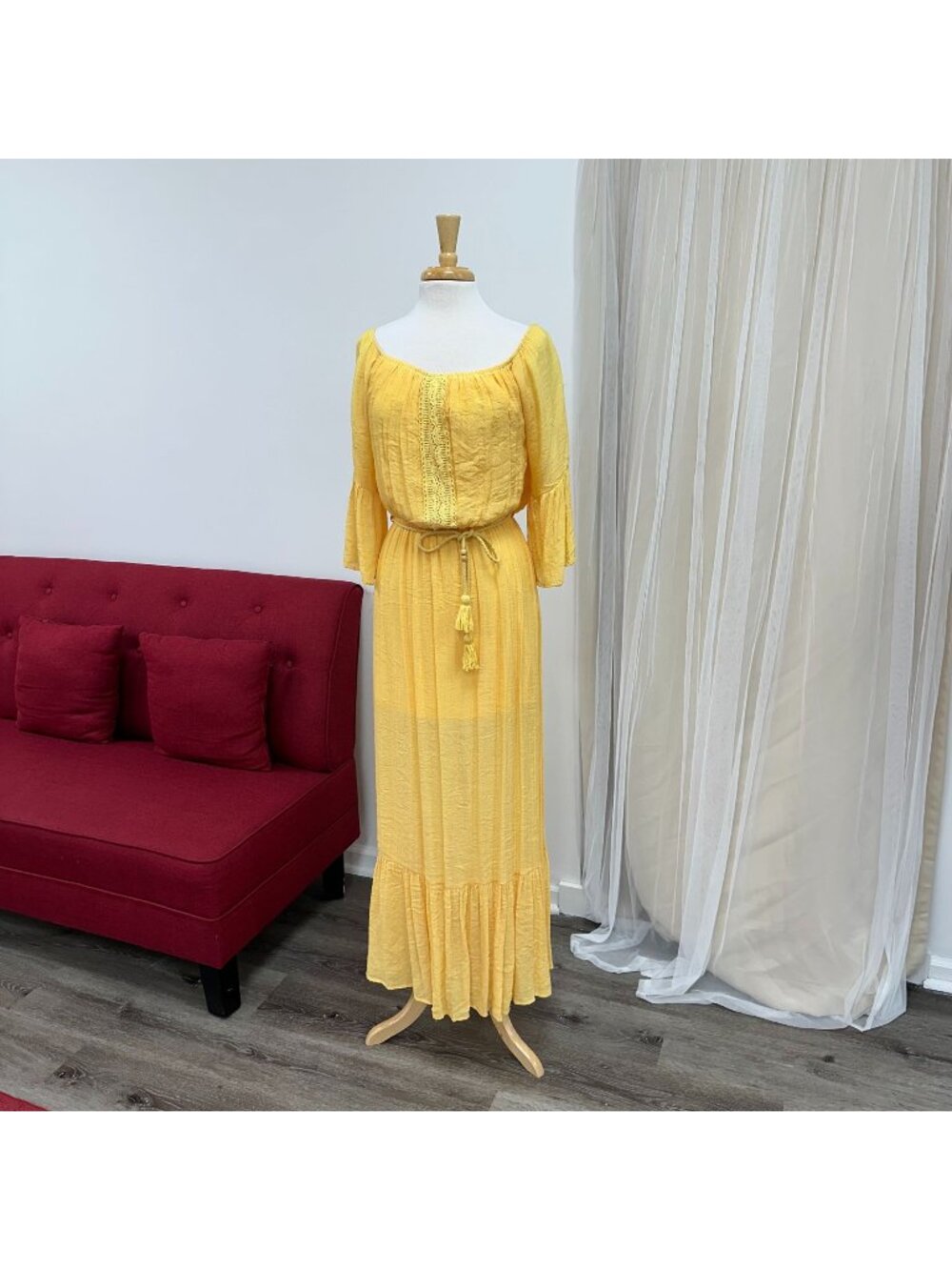 Yellow Large Summer 3/4 Sleeve Stretchy Sundress Beach Cover Up